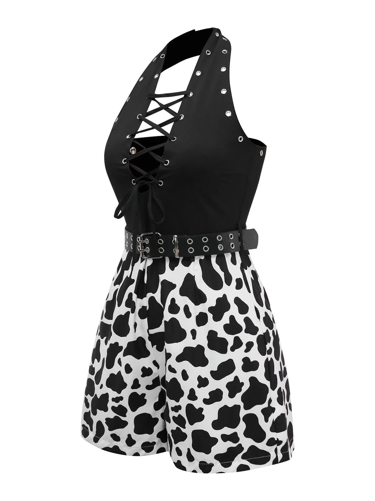 Black 1980s Punk Halter Hollow Cow Pattern Romper sold by Retro Stage product image thumbnail 4