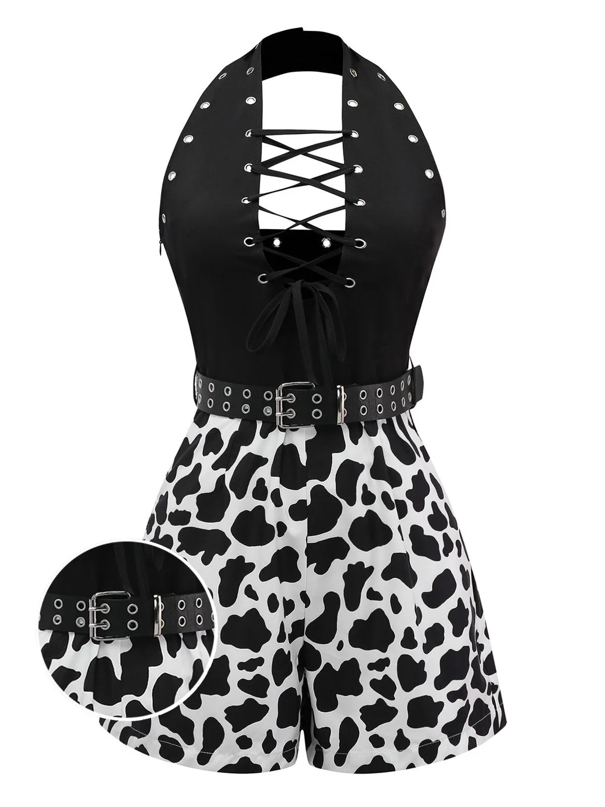 Black 1980s Punk Halter Hollow Cow Pattern Romper sold by Retro Stage
