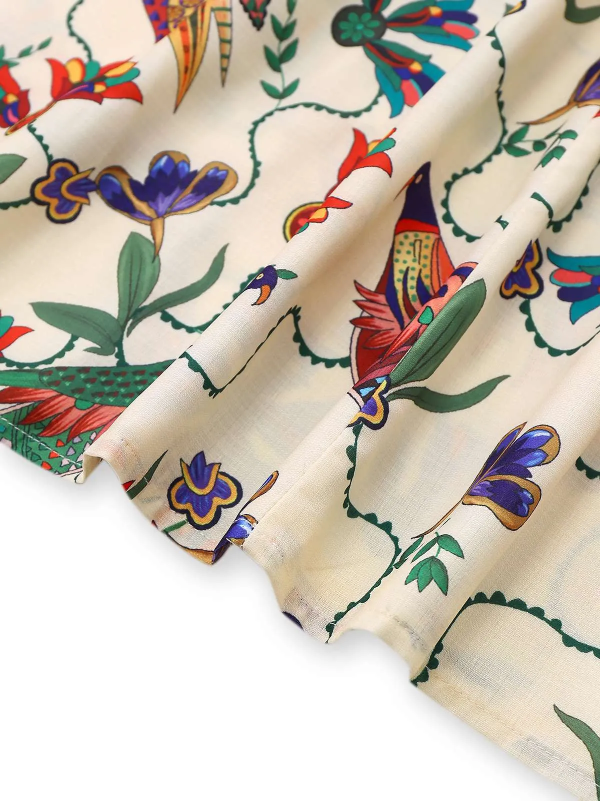 Beige 1940s Flowers & Birds Print Puff Sleeves Dress sold by Retro Stage product image thumbnail 5