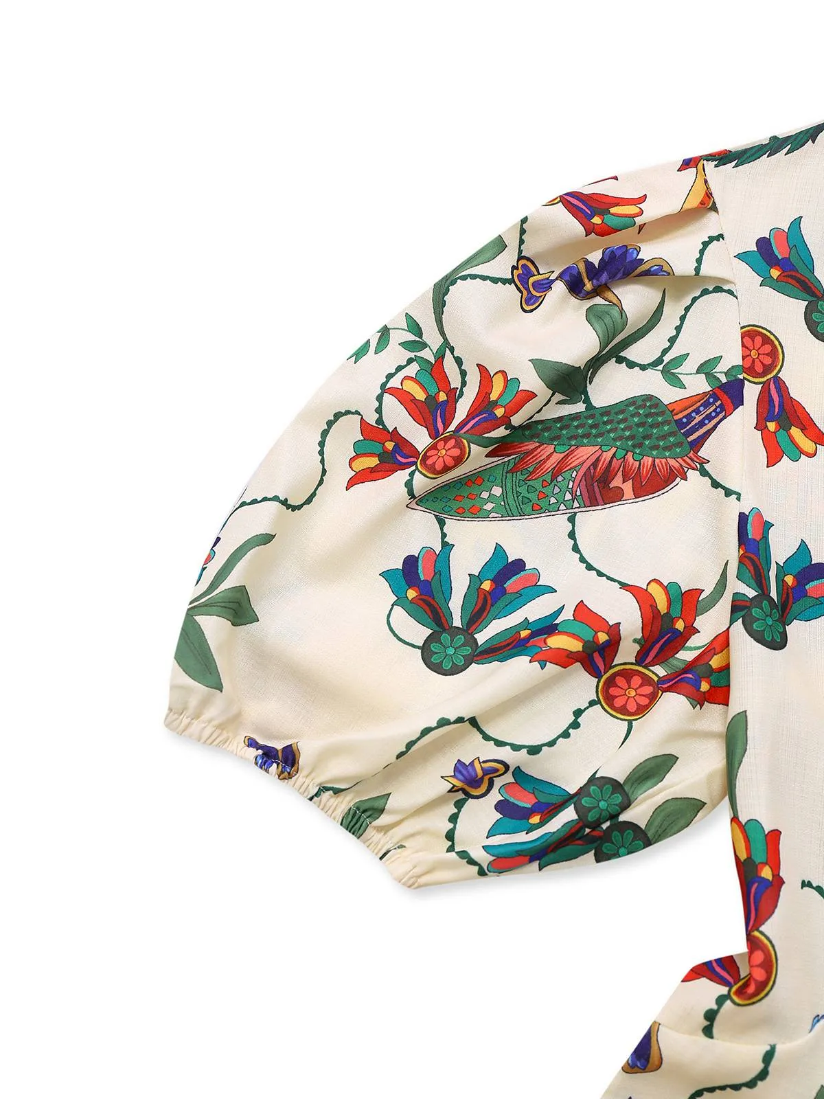 Beige 1940s Flowers & Birds Print Puff Sleeves Dress sold by Retro Stage product image thumbnail 4