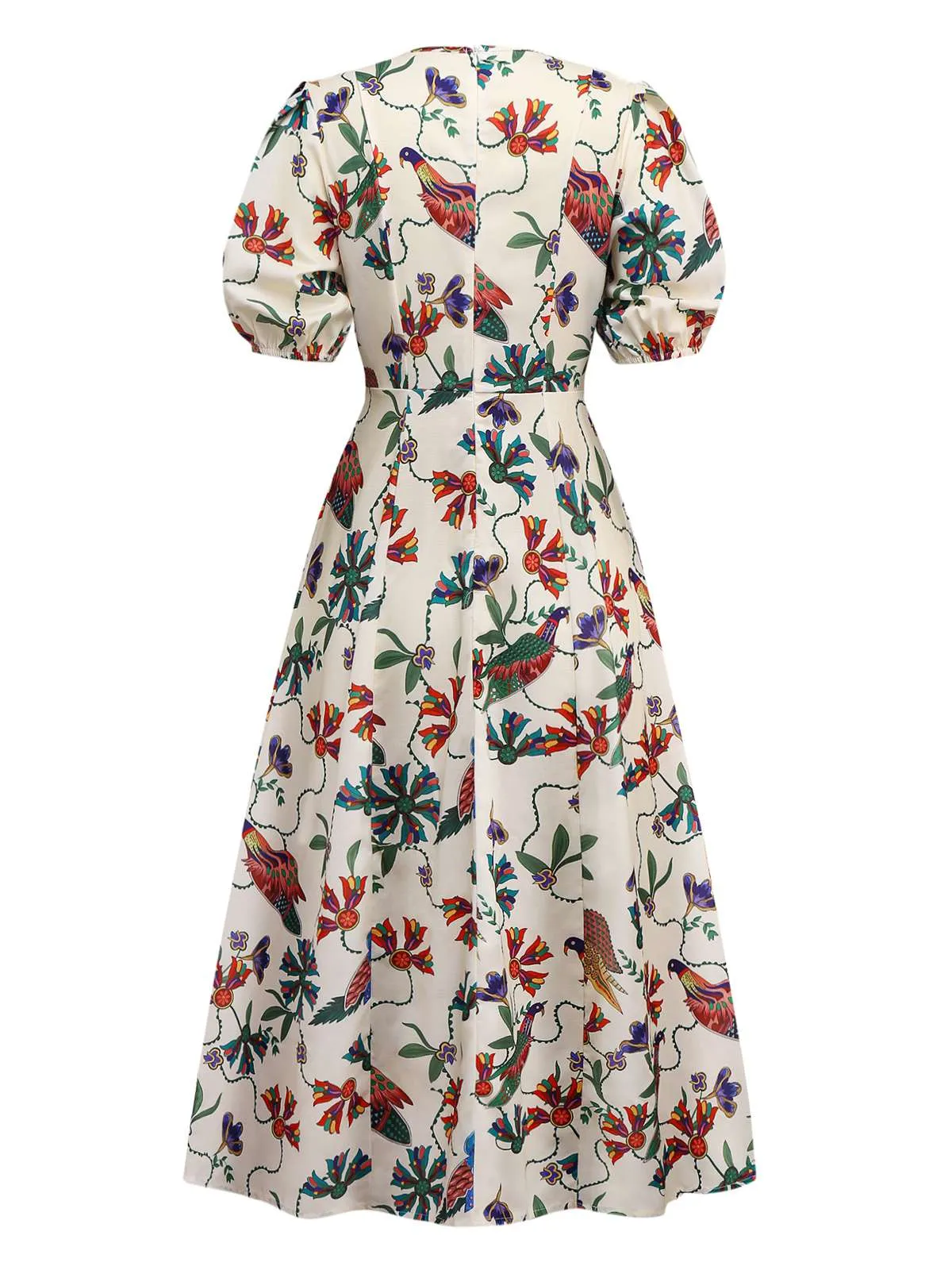 Beige 1940s Flowers & Birds Print Puff Sleeves Dress sold by Retro Stage product image thumbnail 2