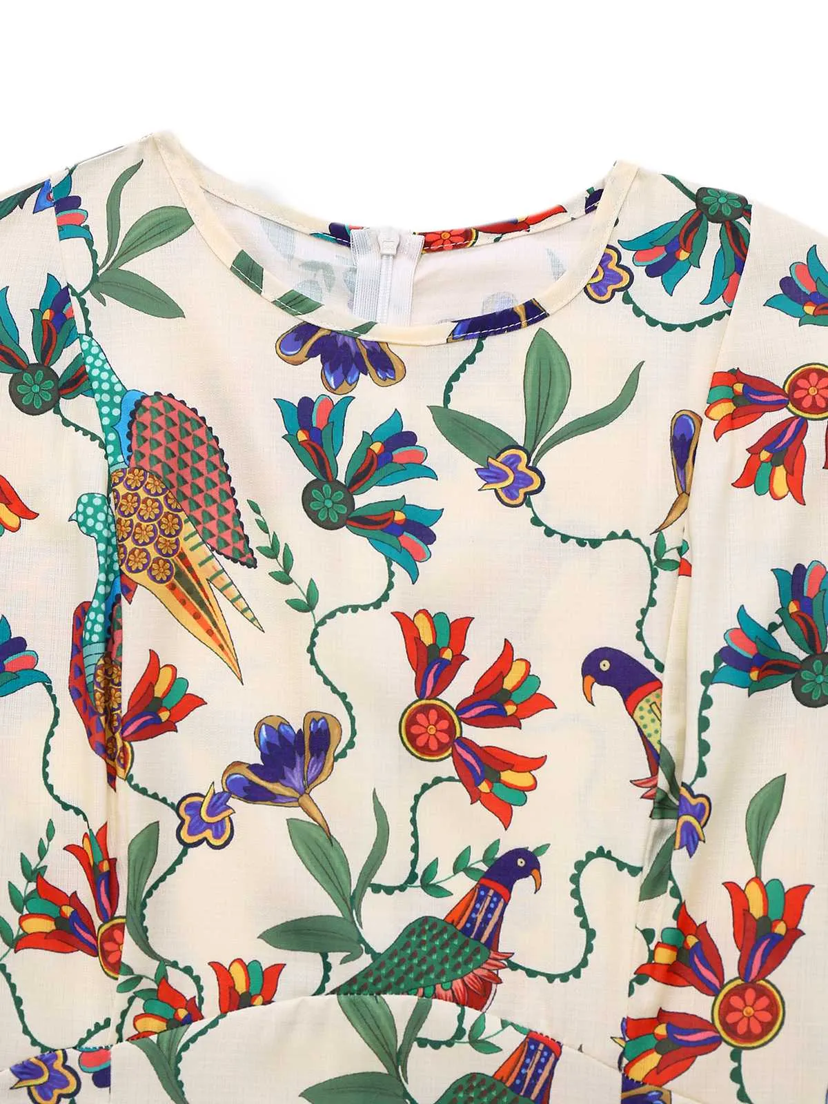 Beige 1940s Flowers & Birds Print Puff Sleeves Dress sold by Retro Stage product image thumbnail 3