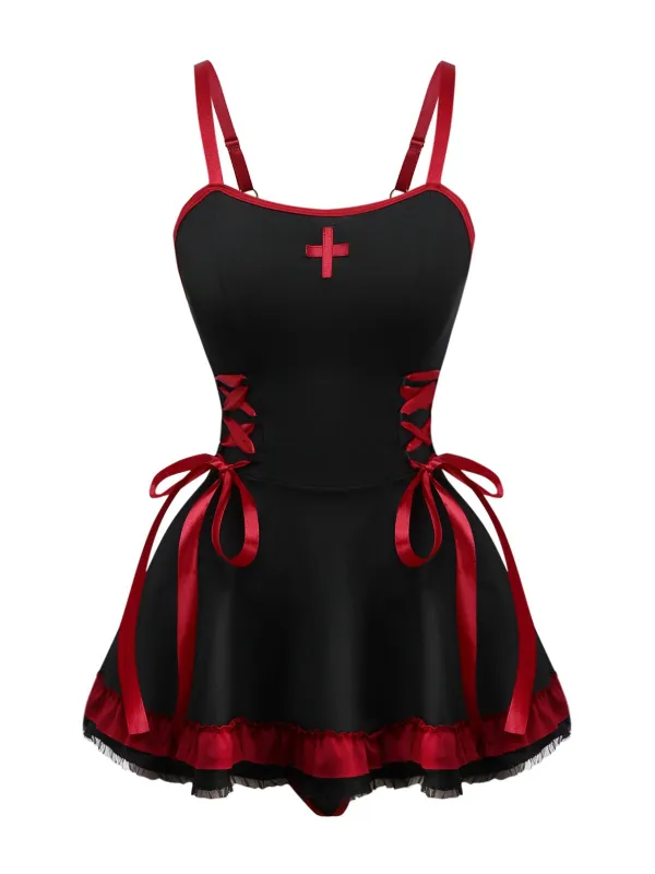 Black 1950s Cross Contrast Ruffle Hem Nightdress sold by Retro Stage