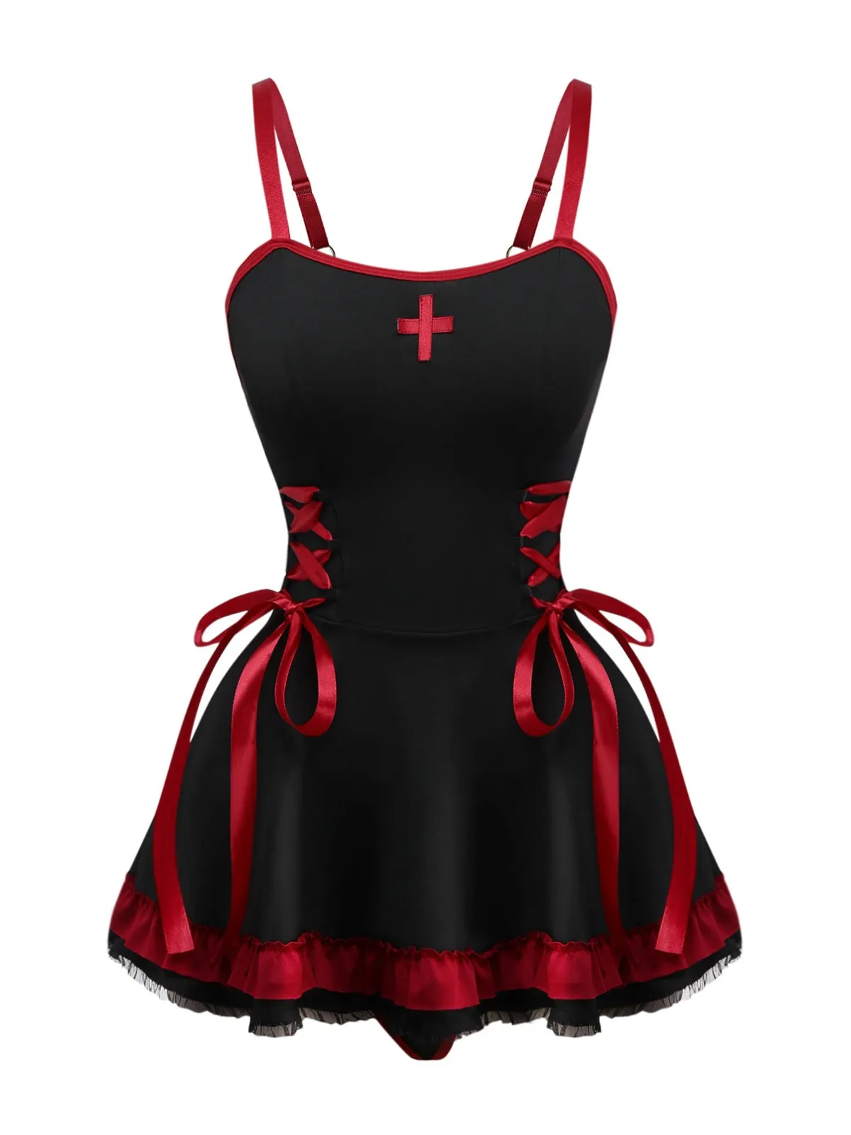 Black 1950s Cross Contrast Ruffle Hem Nightdress sold by Retro Stage