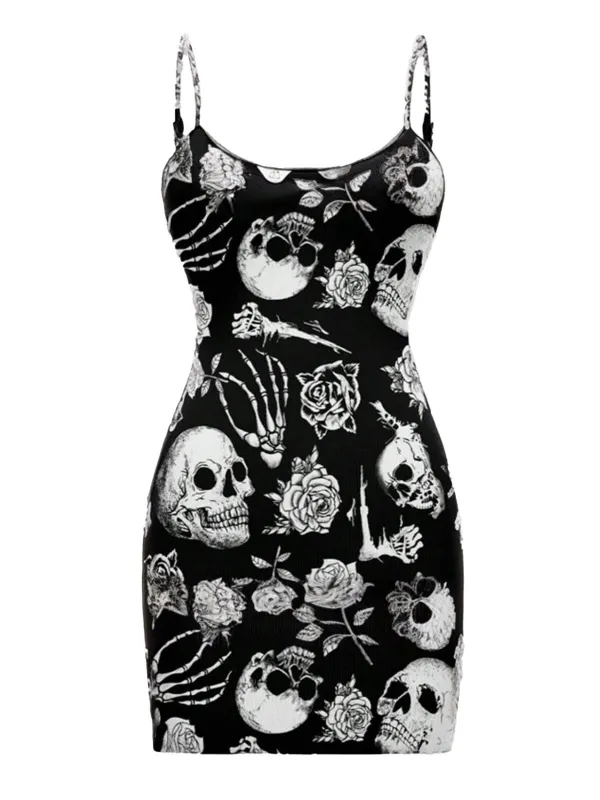 Black 1960s Skull Rose Halloween Bodycon Dress made by Retro Stage