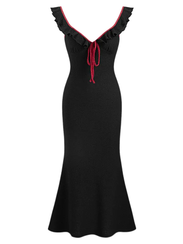 Black 1930s V-Neck Ruffled Knitted Mermaid Dress sold by Retro Stage