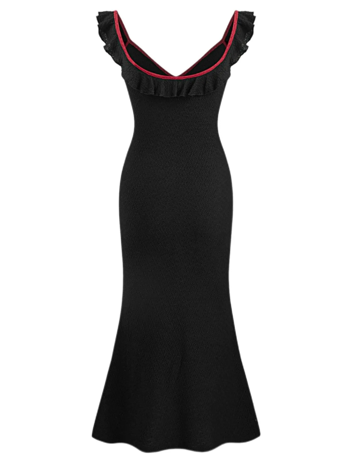 Black 1930s V-Neck Ruffled Knitted Mermaid Dress sold by Retro Stage product image thumbnail 2