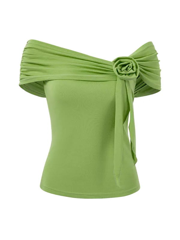 1960s Off-Shoulder 3D Rose Solid Top sold by Retro Stage