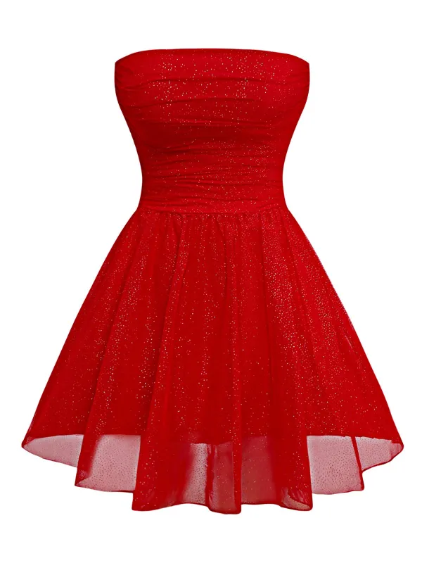 1950s Bandeau Solid Glitter Back Bow Skater Dress sold by Retro Stage