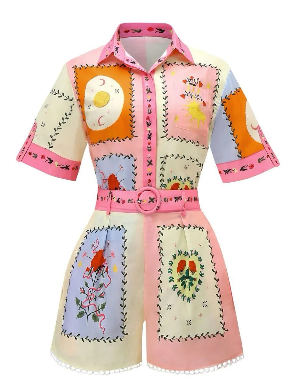 2PCS 1970s Boho Floral Blouse & Belted Shorts sold by Retro Stage