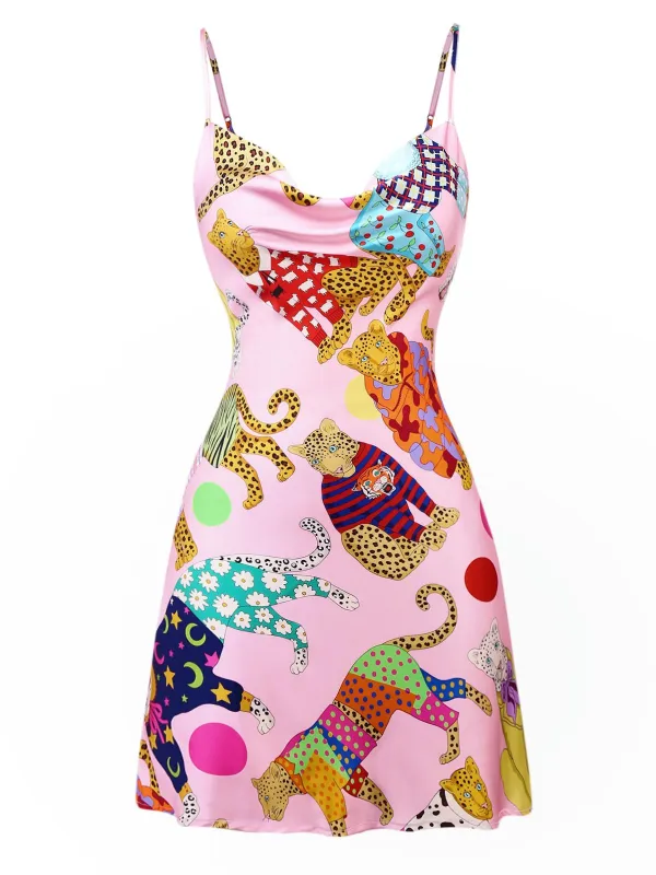 Pink 1970s Cheetah Print Satin Slip Nightdress sold by Retro Stage