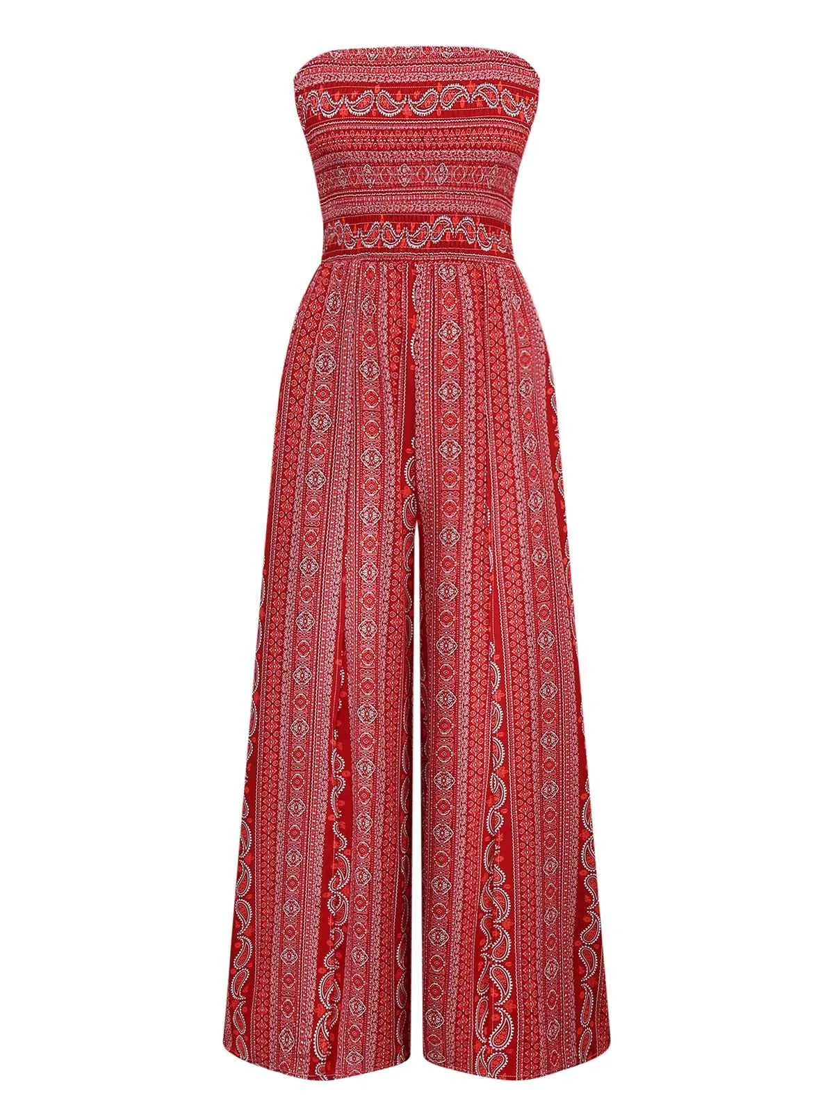 1970s Bohemian Strapless Slit Smocked Jumpsuit sold by Retro Stage