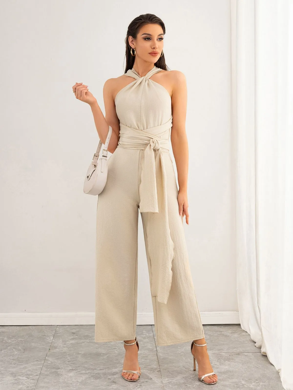 Beige 1950s Solid Lace-Up Halter Belted Jumpsuit sold by Retro Stage