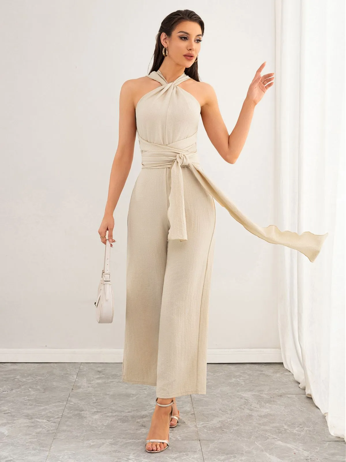 Beige 1950s Solid Lace-Up Halter Belted Jumpsuit sold by Retro Stage product image thumbnail 2