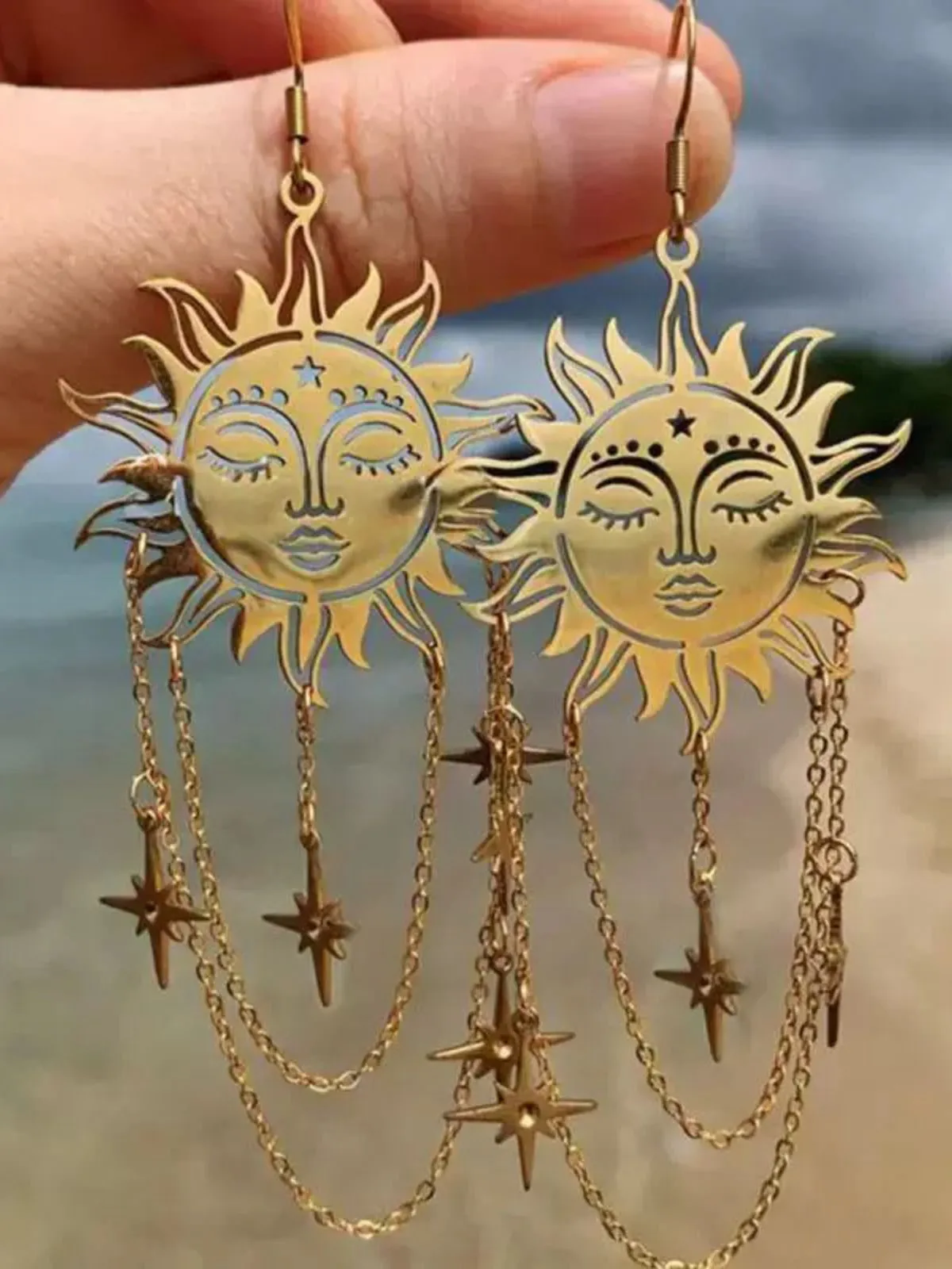 Gold Vintage Sun Face Chain Tarot Earrings sold by Retro Stage product image thumbnail 2