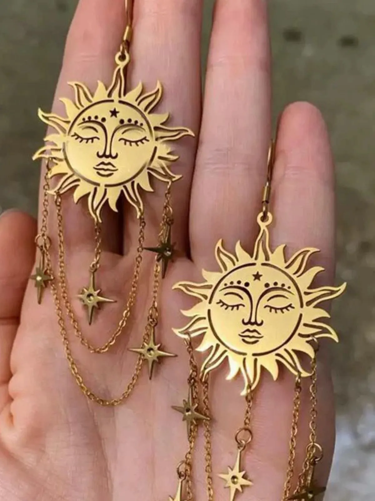 Gold Vintage Sun Face Chain Tarot Earrings sold by Retro Stage product image thumbnail 4