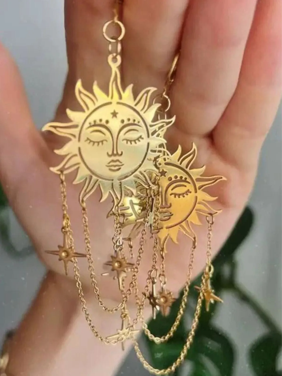 Gold Vintage Sun Face Chain Tarot Earrings sold by Retro Stage