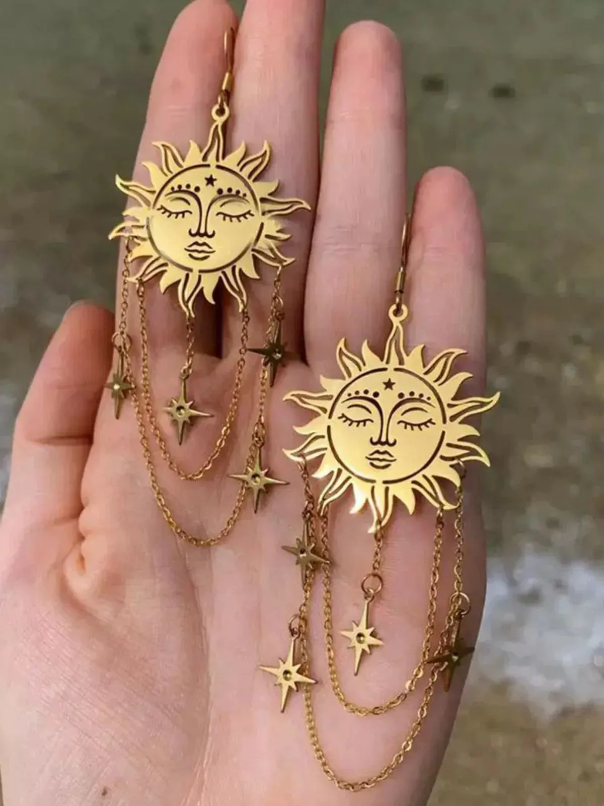 Gold Vintage Sun Face Chain Tarot Earrings sold by Retro Stage product image thumbnail 3