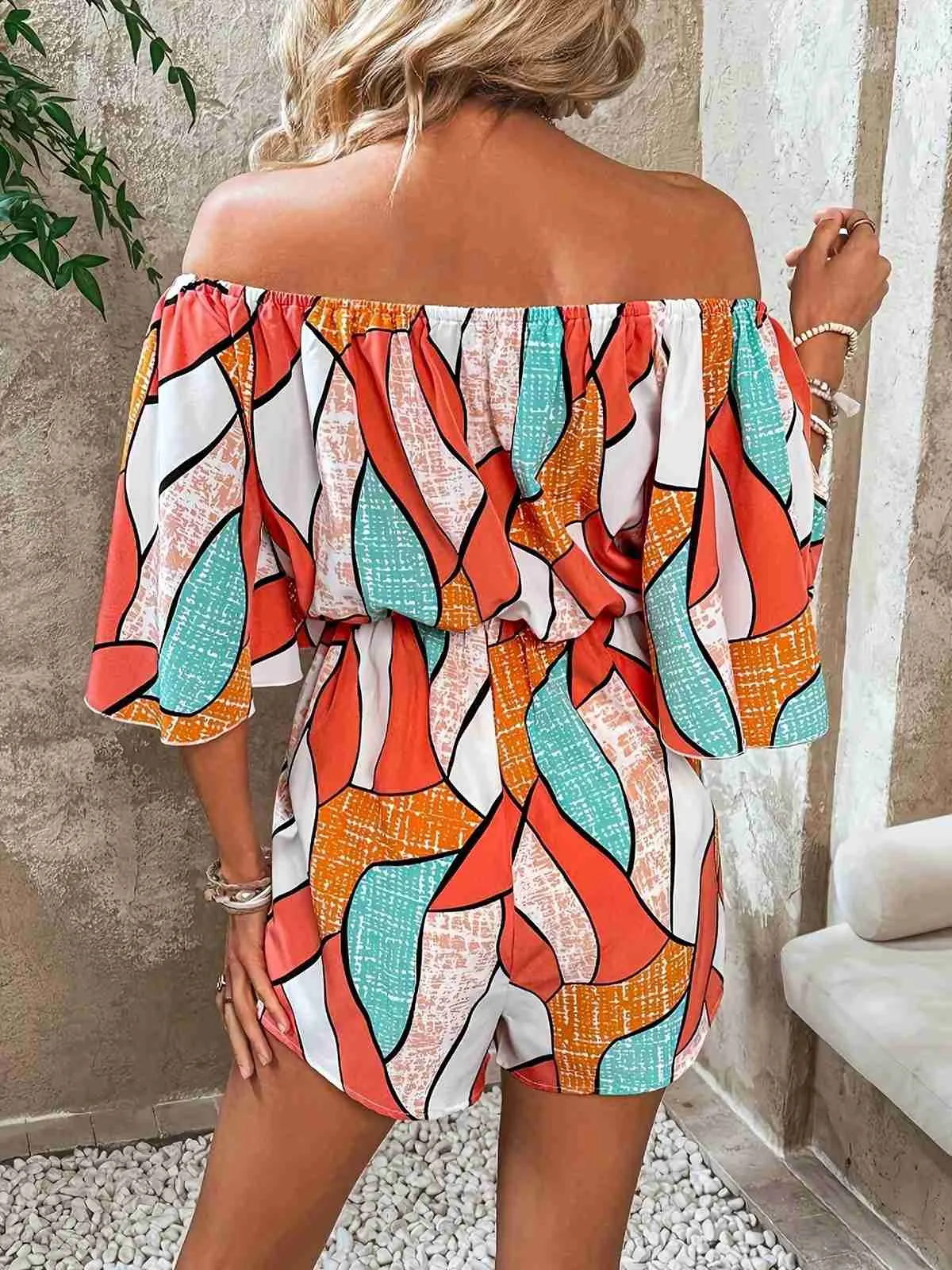 Orange 1950s Geometric Drawstring Off-Shoulder Romper sold by Retro Stage product image thumbnail 3