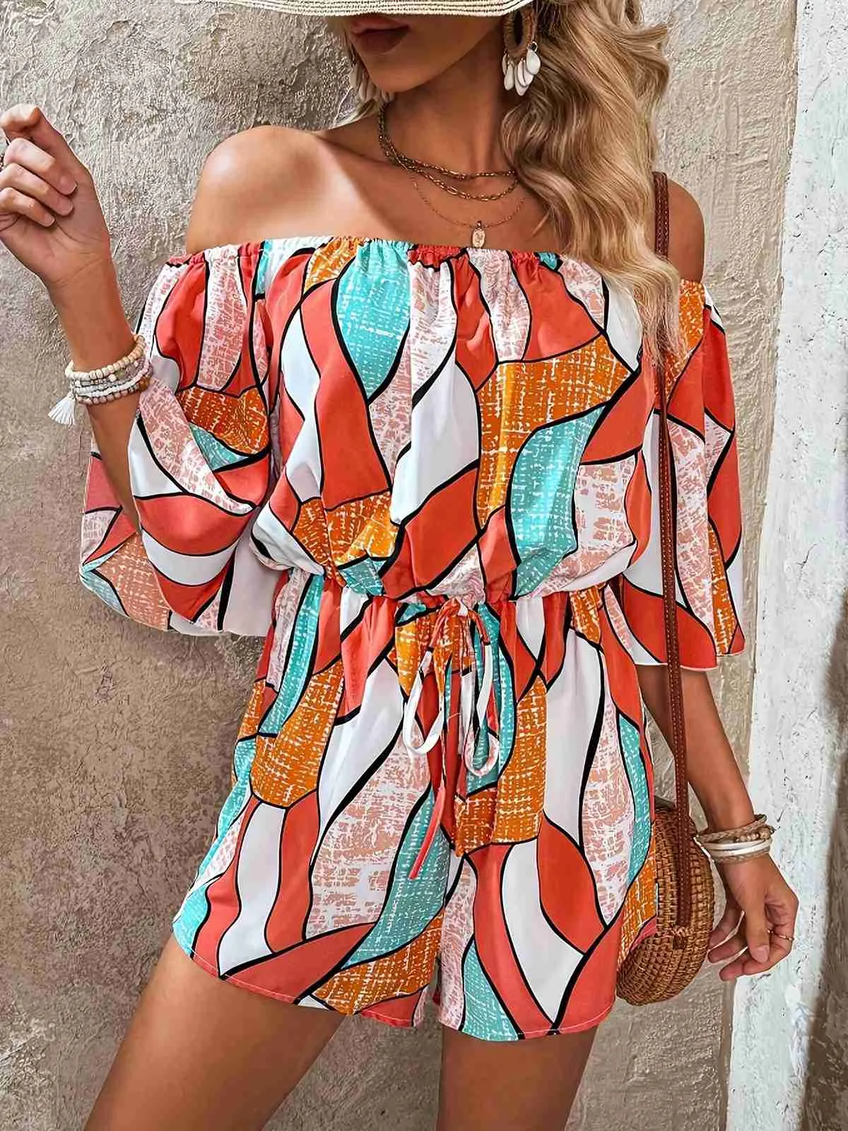 Orange 1950s Geometric Drawstring Off-Shoulder Romper sold by Retro Stage product image thumbnail 2