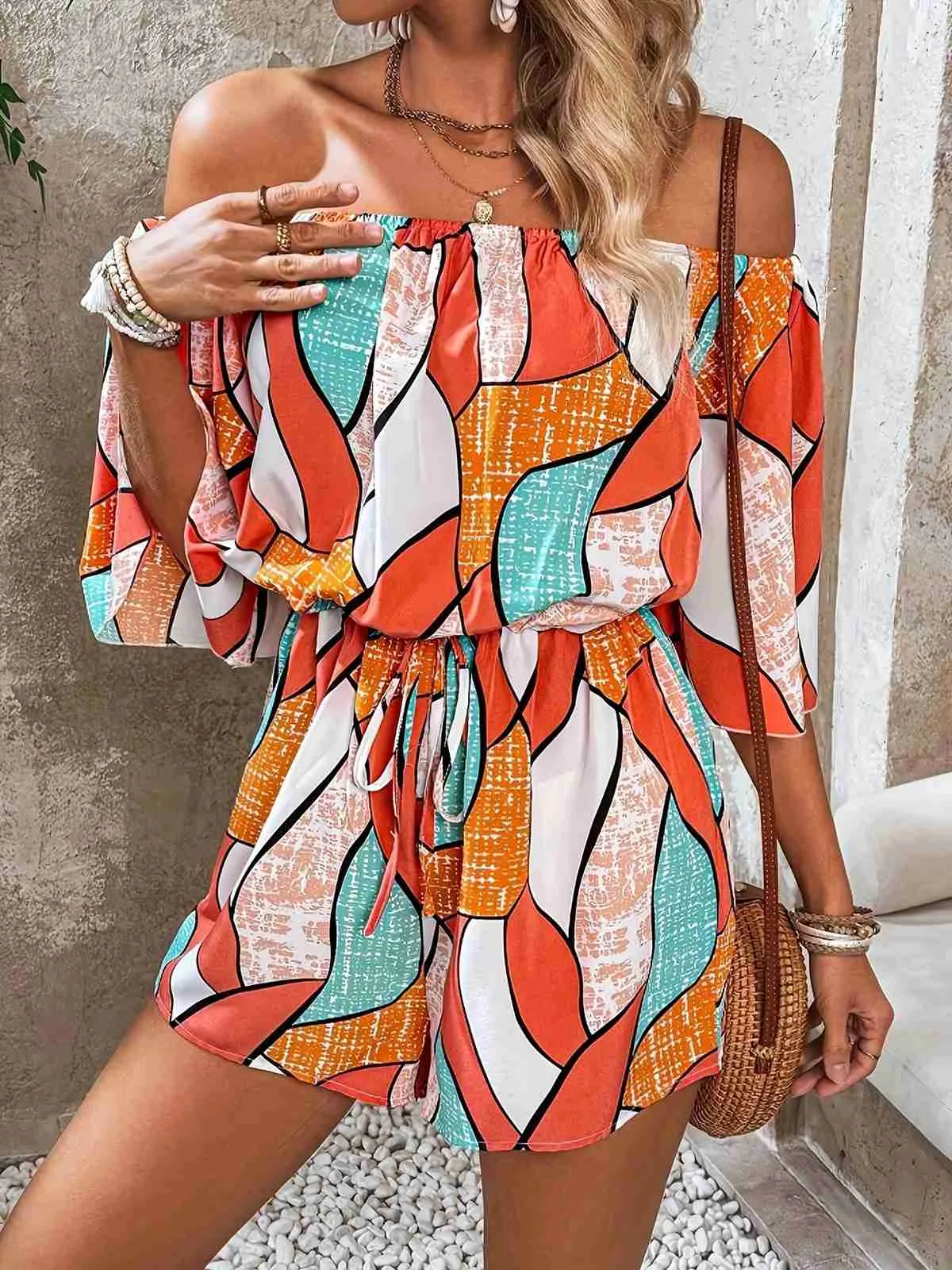 Orange 1950s Geometric Drawstring Off-Shoulder Romper sold by Retro Stage product image thumbnail 4