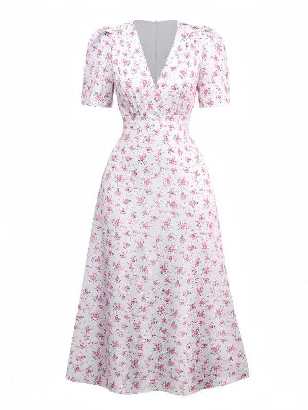 Lavender 1940s Ditsy Floral V-Neck Puff Sleeve Dress sold by Retro Stage
