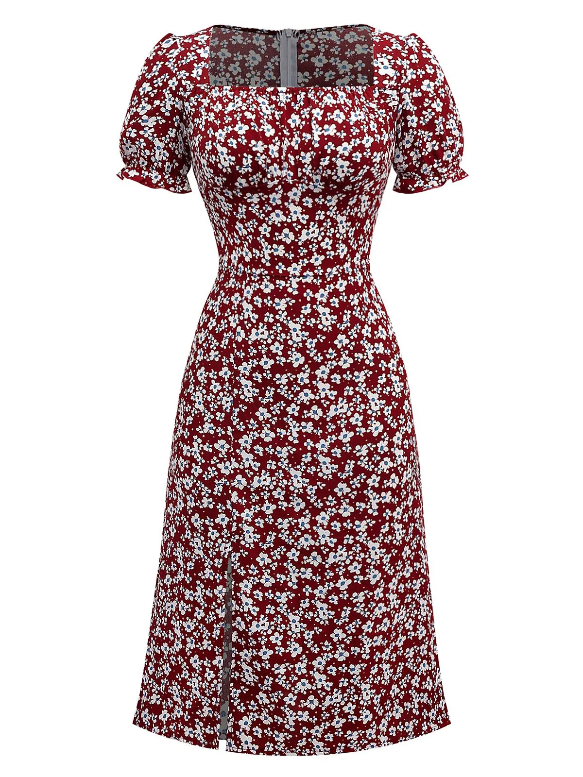 Red 1940s Floral Square Neck Puff Sleeve Dress sold by Retro Stage