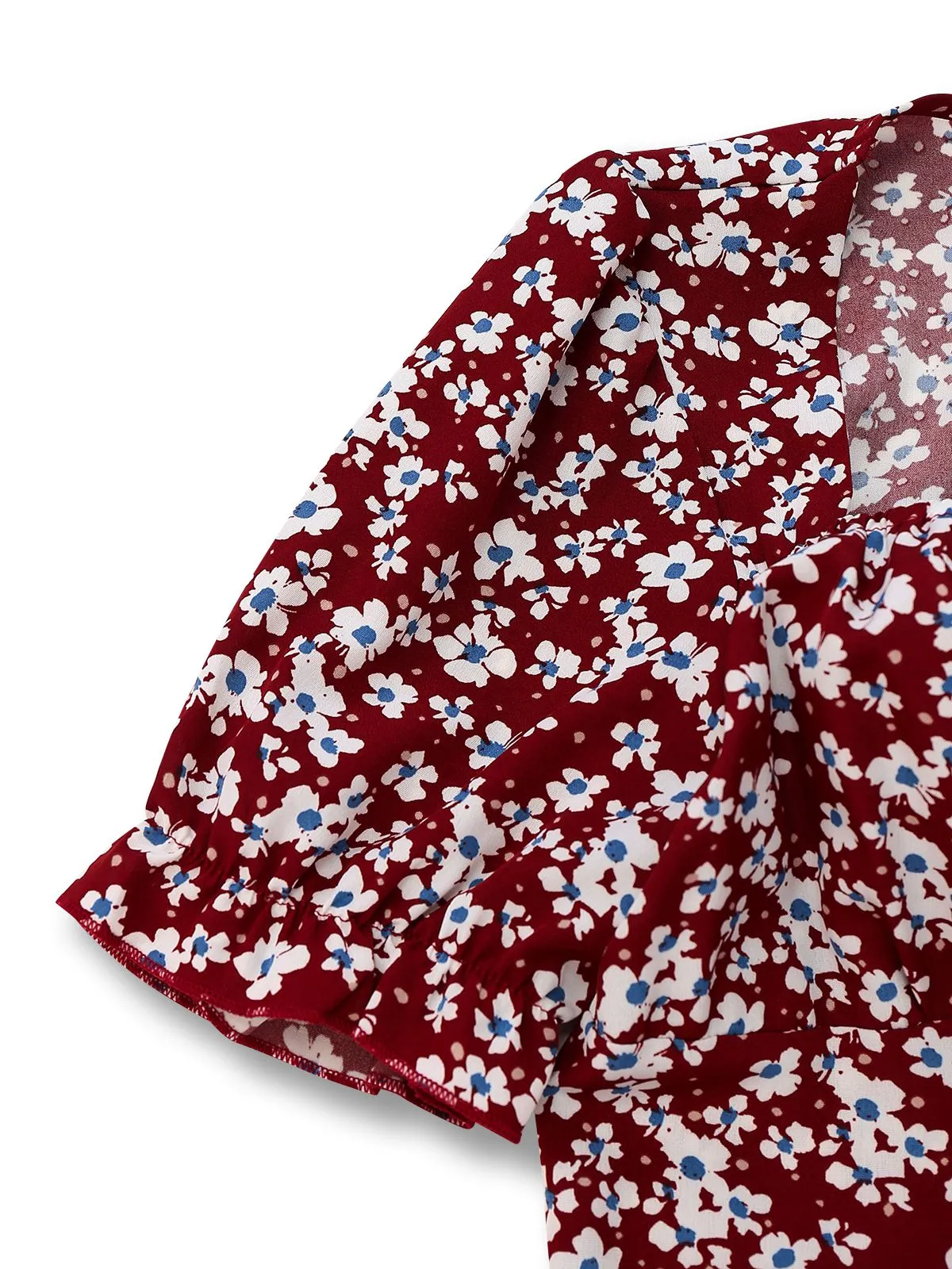 Red 1940s Floral Square Neck Puff Sleeve Dress sold by Retro Stage product image thumbnail 4