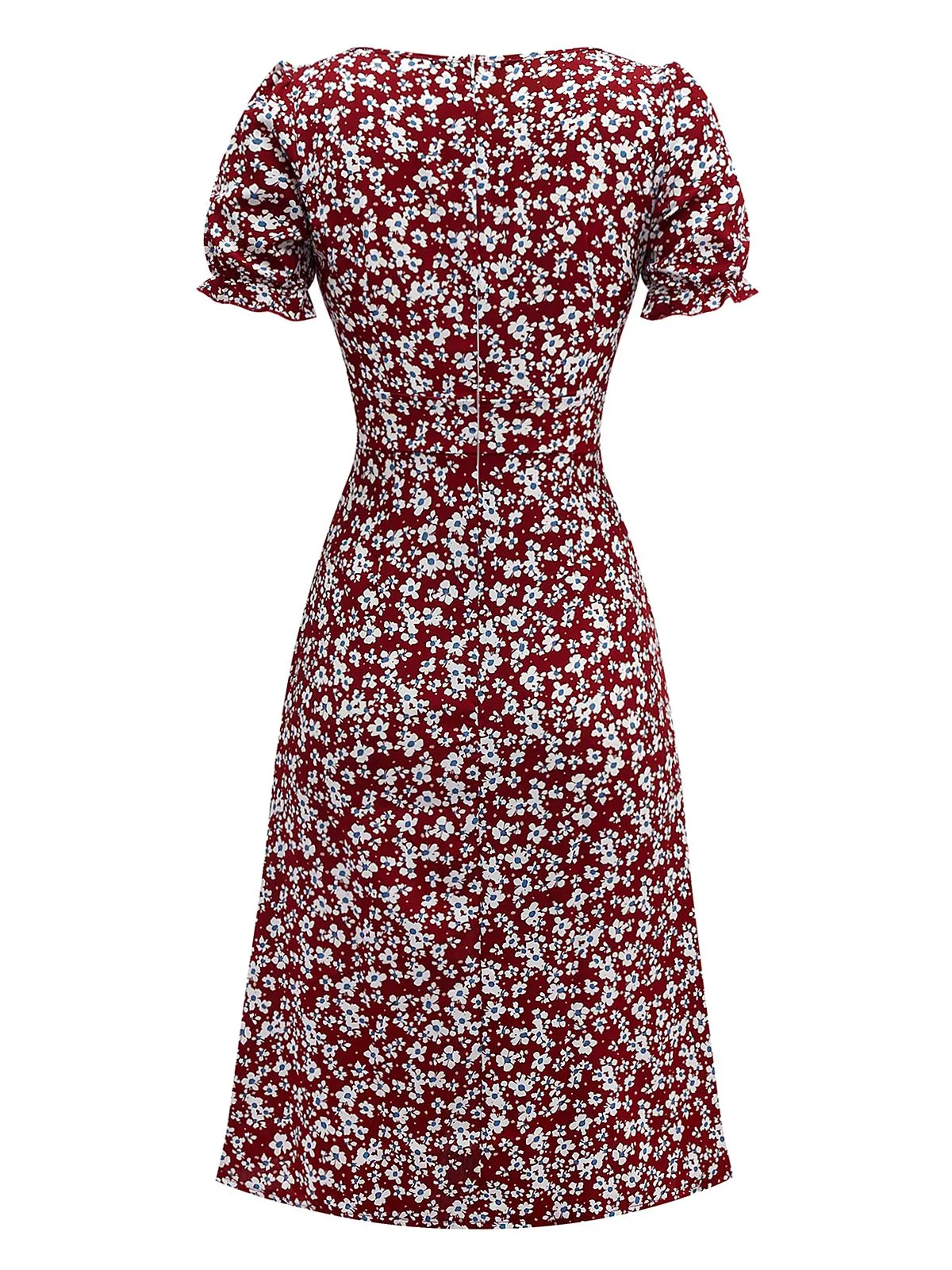Red 1940s Floral Square Neck Puff Sleeve Dress sold by Retro Stage product image thumbnail 2