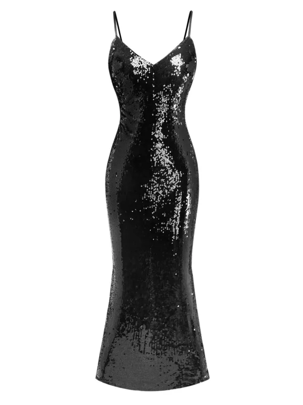 Black 1930s Spaghetti Strap Tie Back Sequined Dress sold by Retro Stage
