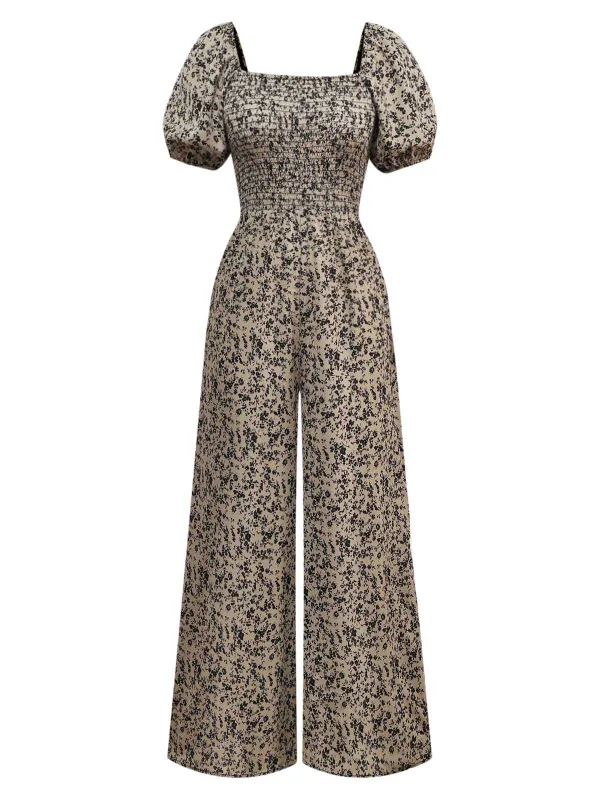 Brown 1930s Ditsy Floral Puff Sleeve Jumpsuit sold by Retro Stage