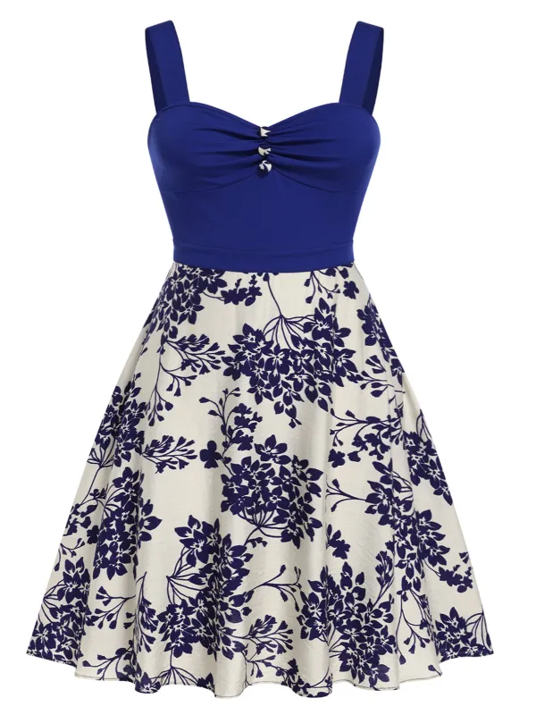 [Plus Size] Blue 1950s Floral Button Sweetheart Neck Dress sold by Retro Stage