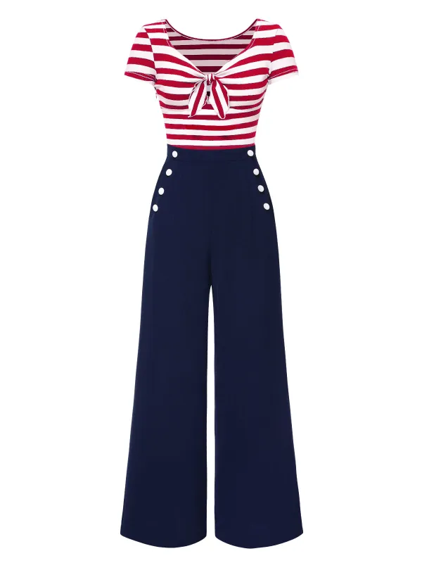 Red 1950s Hollow Bow Stripe Patchwork Jumpsuit sold by Retro Stage