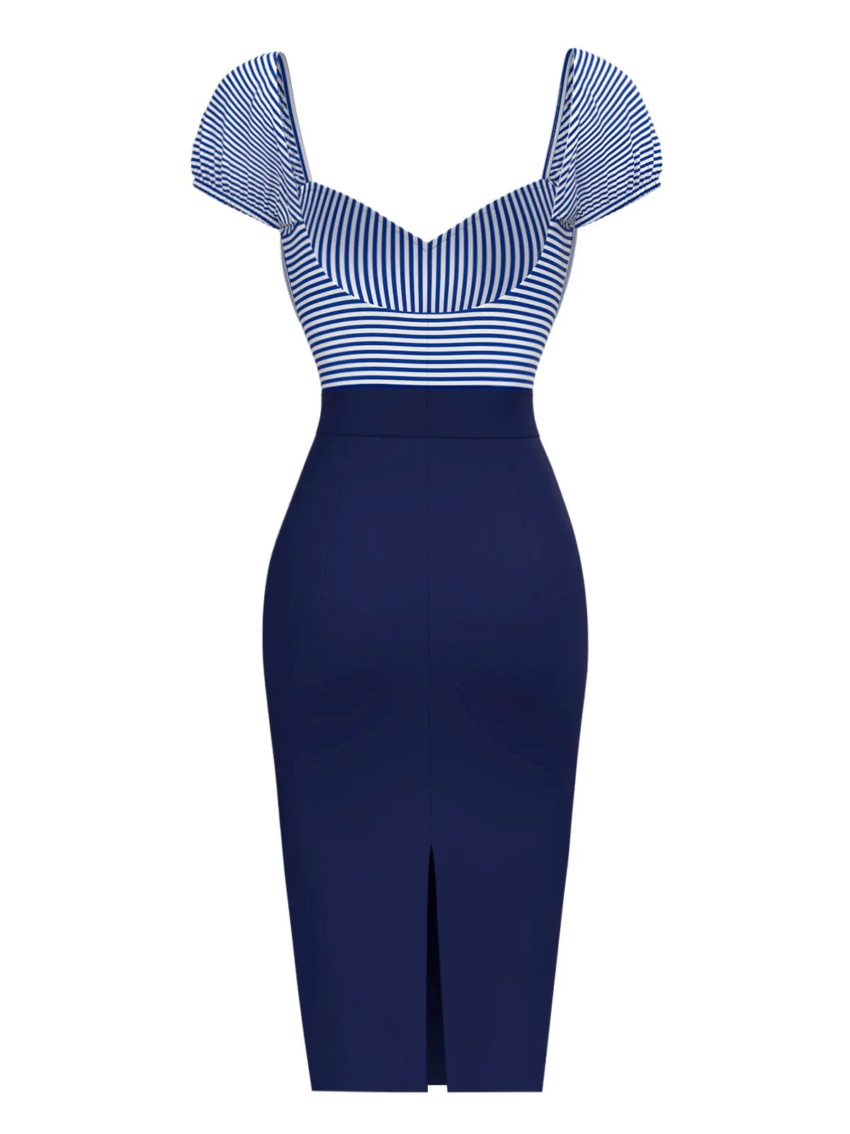 Dark Blue 1960s Striped Puff Sleeves Pencil Dress sold by Retro Stage product image thumbnail 4
