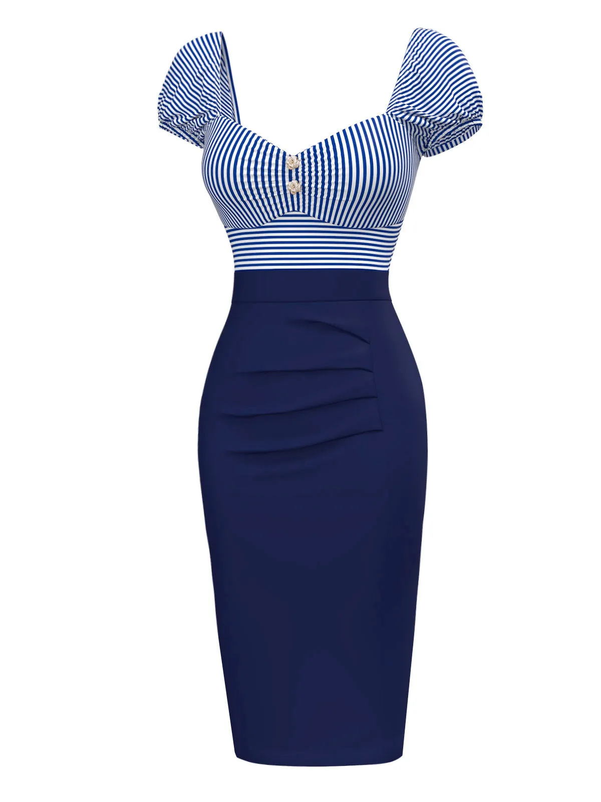Dark Blue 1960s Striped Puff Sleeves Pencil Dress sold by Retro Stage product image thumbnail 3