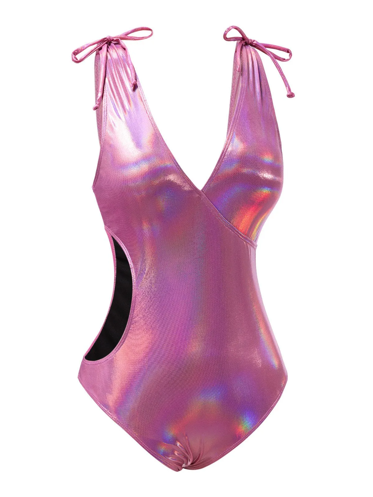Pink 1970s Bow Deep V Gloss Hollow Swimsuit sold by Retro Stage product image thumbnail 4