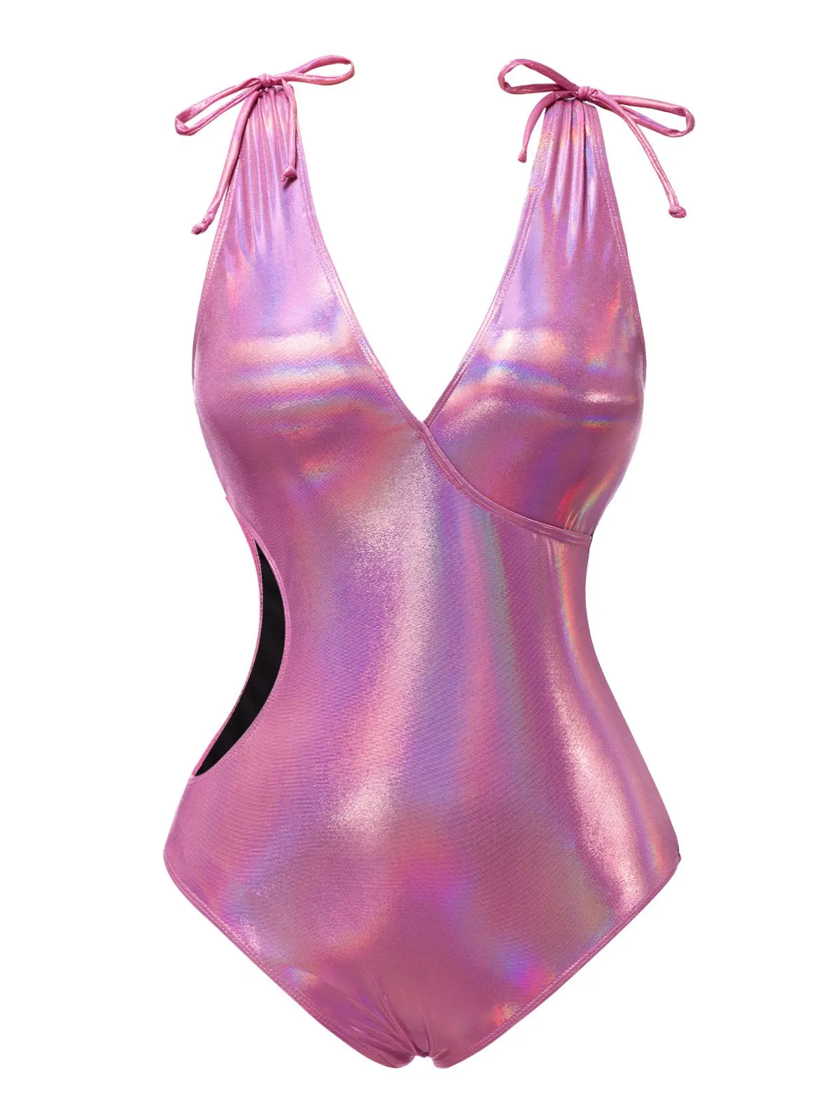 Pink 1970s Bow Deep V Gloss Hollow Swimsuit sold by Retro Stage product image thumbnail 3