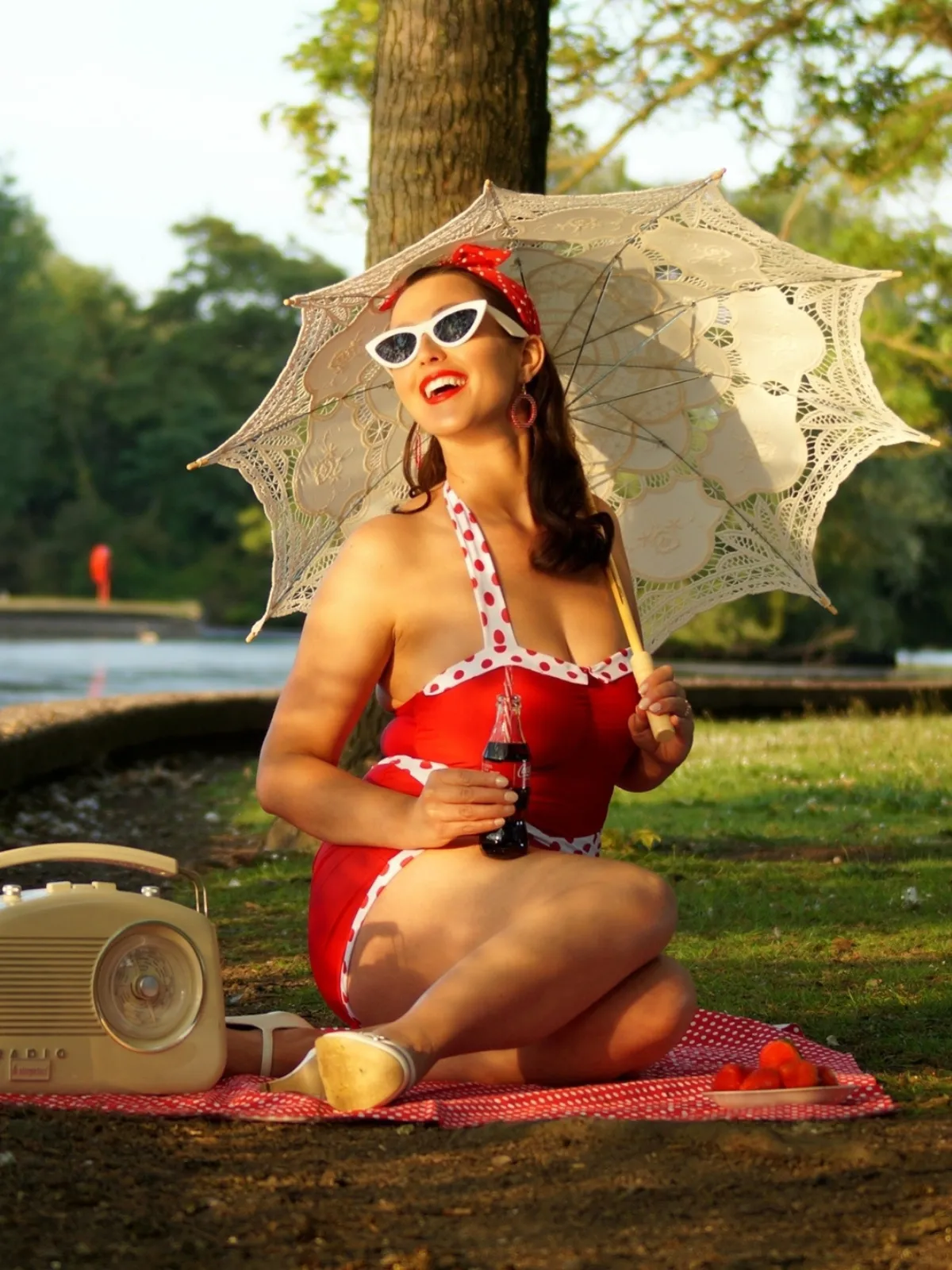 Red 1940s Halter Patchwork One-piece Swimsuit sold by Retro Stage