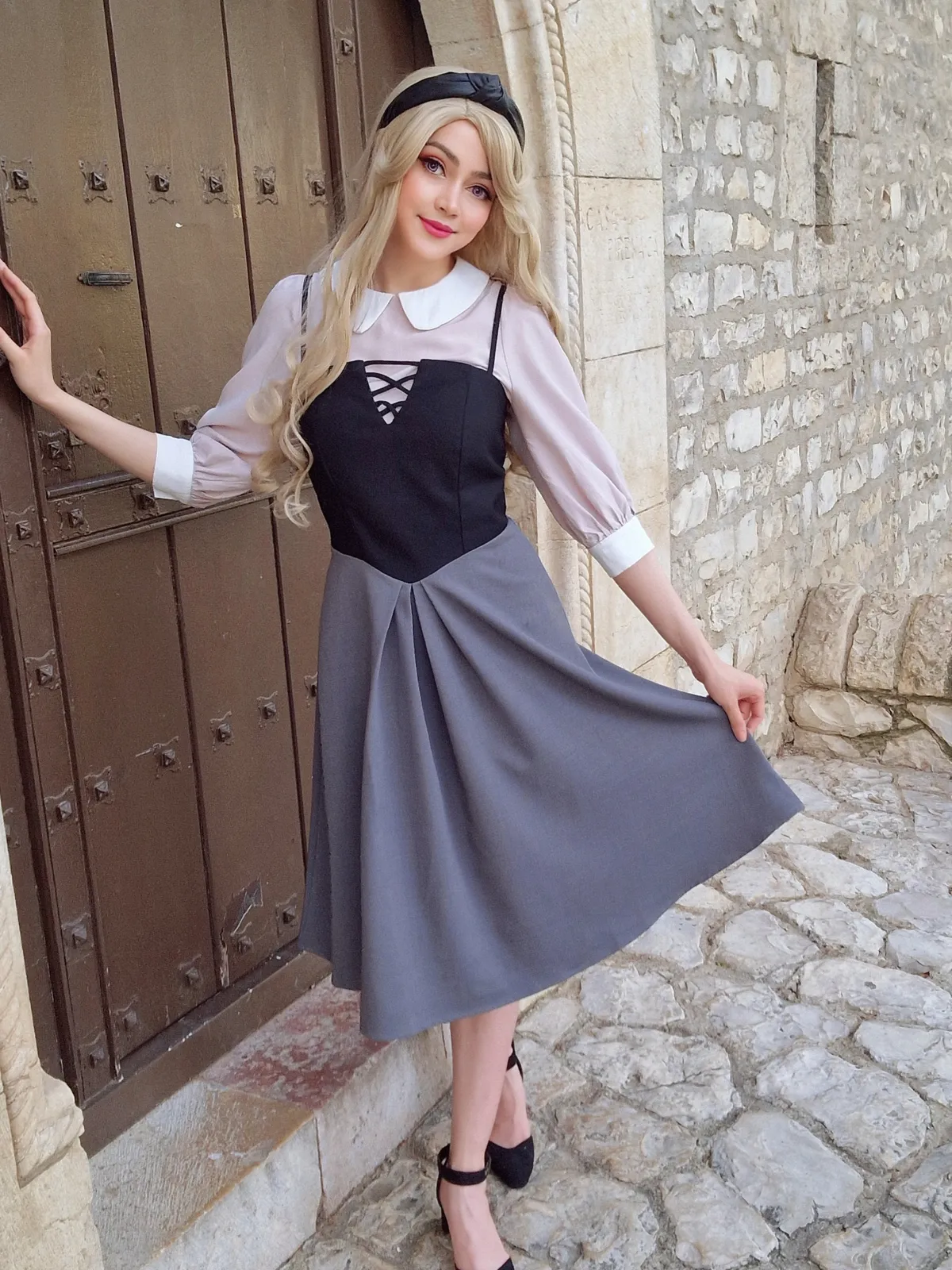 2PCS 1940s Colorblock Pink Blouse & Gray Dress sold by Retro Stage
