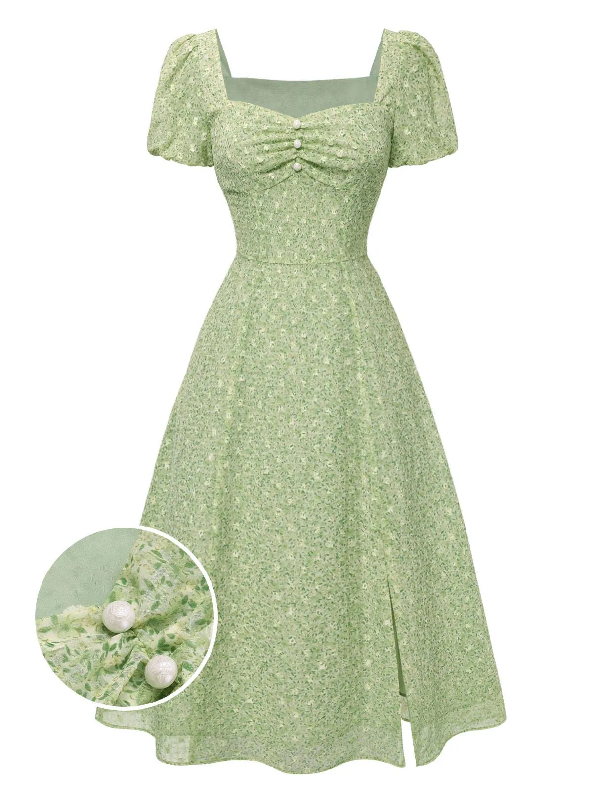 Green 1940s Sweetheart Ditsy Floral Dress sold by Retro Stage product image thumbnail 2
