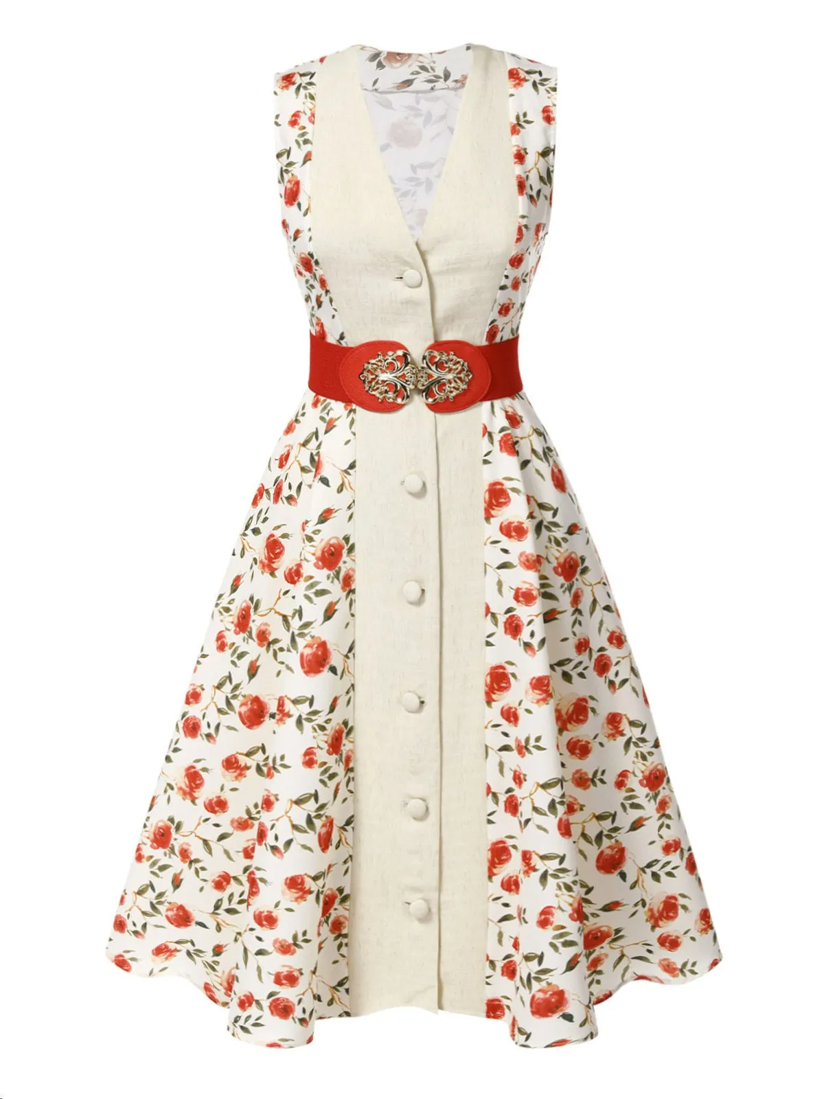 Beige & Red 1950s Painting Roses Belted Dress sold by Retro Stage product image thumbnail 5