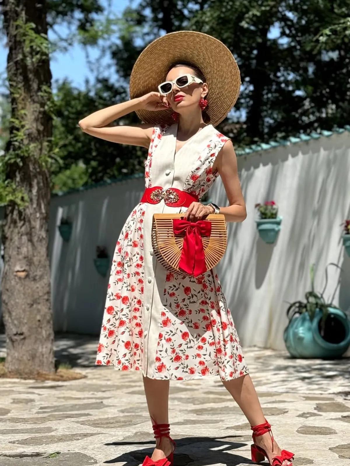 Beige & Red 1950s Painting Roses Belted Dress sold by Retro Stage