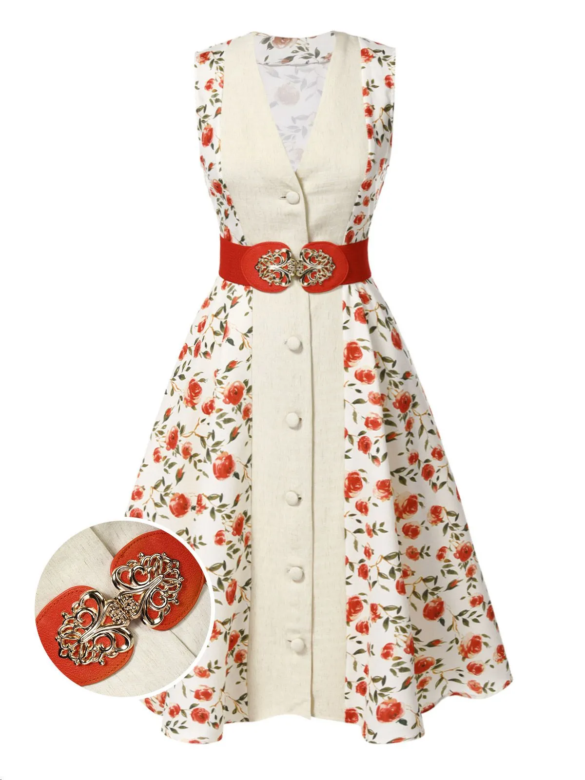 Beige & Red 1950s Painting Roses Belted Dress sold by Retro Stage product image thumbnail 4