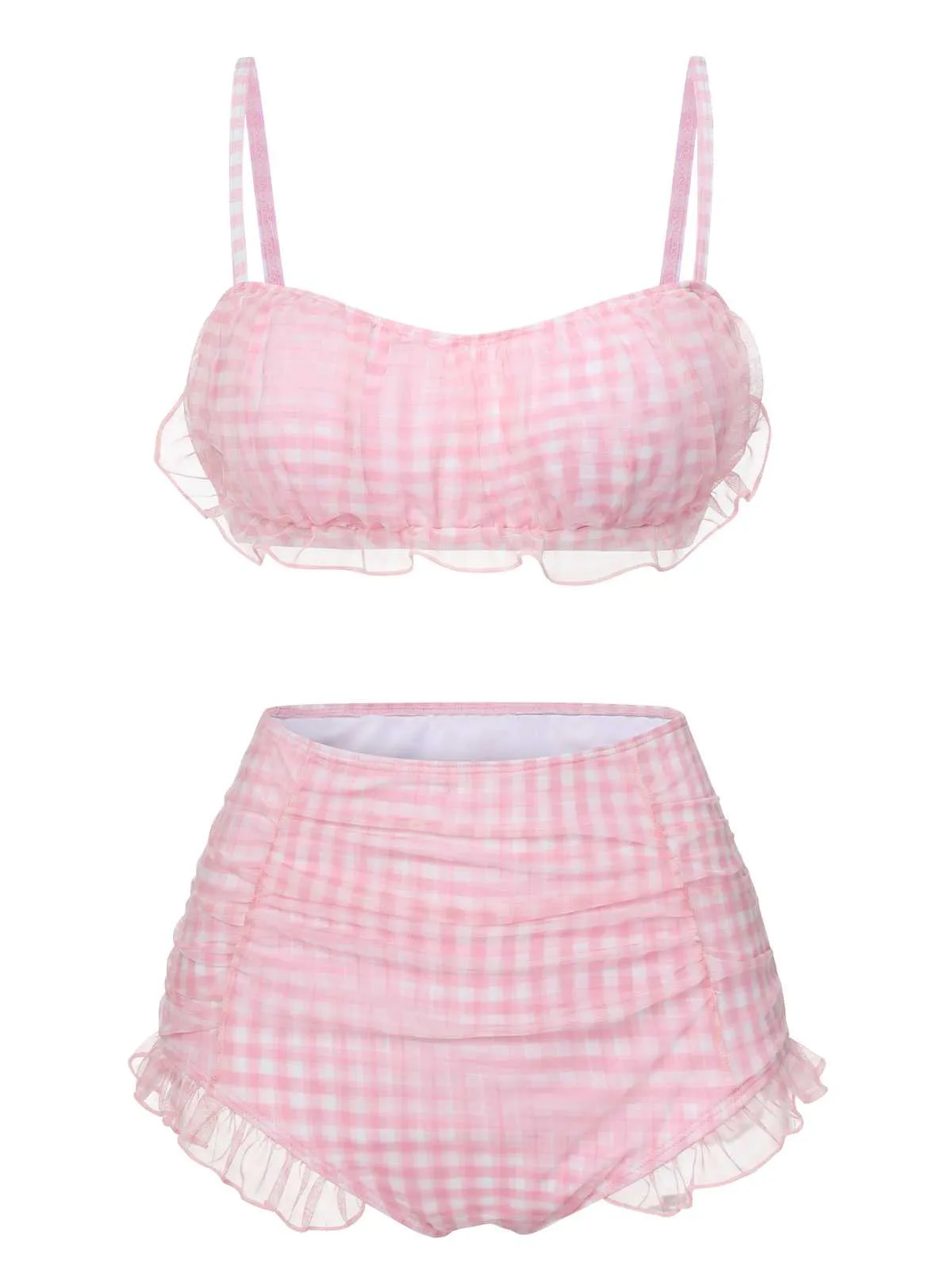 Pink 1940s Spaghetti Strap Mesh Plaids Swimsuit sold by Retro Stage product image thumbnail 3