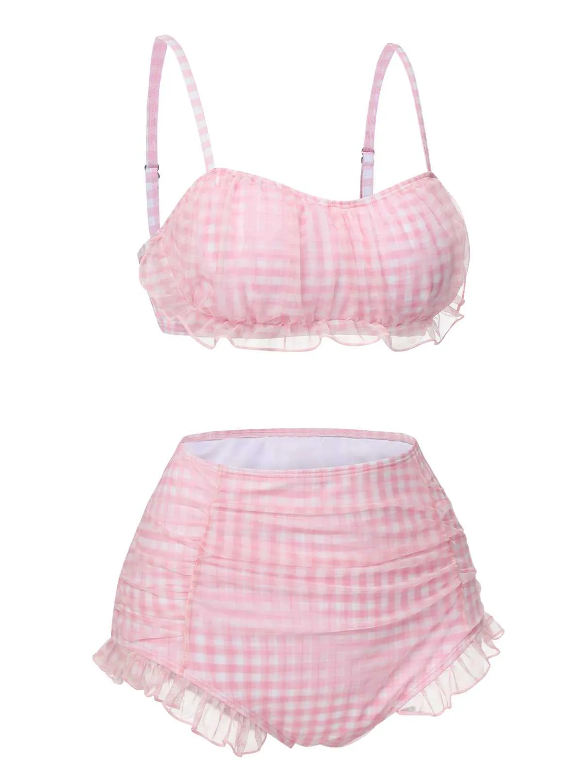 Pink 1940s Spaghetti Strap Mesh Plaids Swimsuit sold by Retro Stage product image thumbnail 4