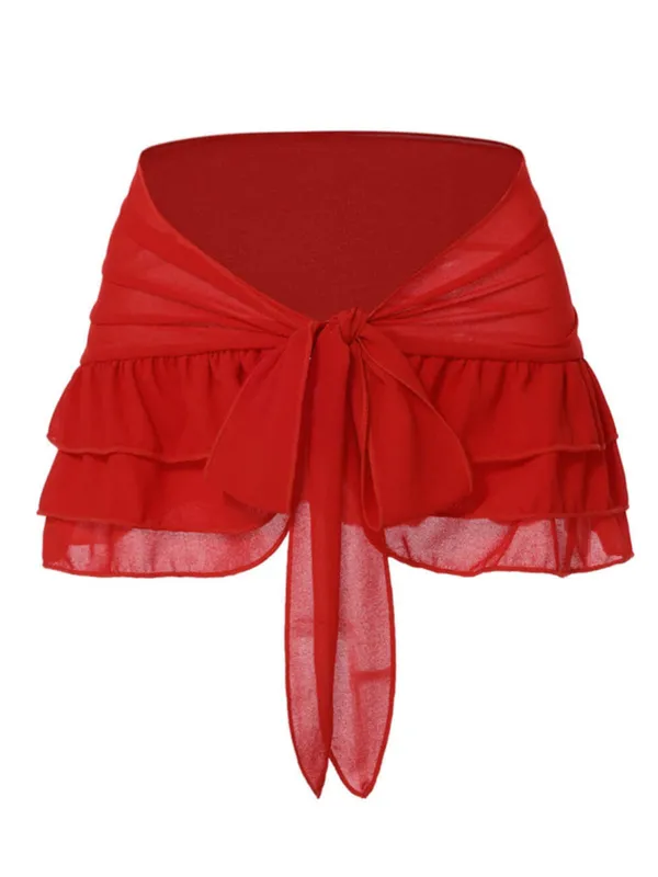[Plus Size] Red 1960s Chiffon Ruffled Skirt Cover-Up sold by Retro Stage