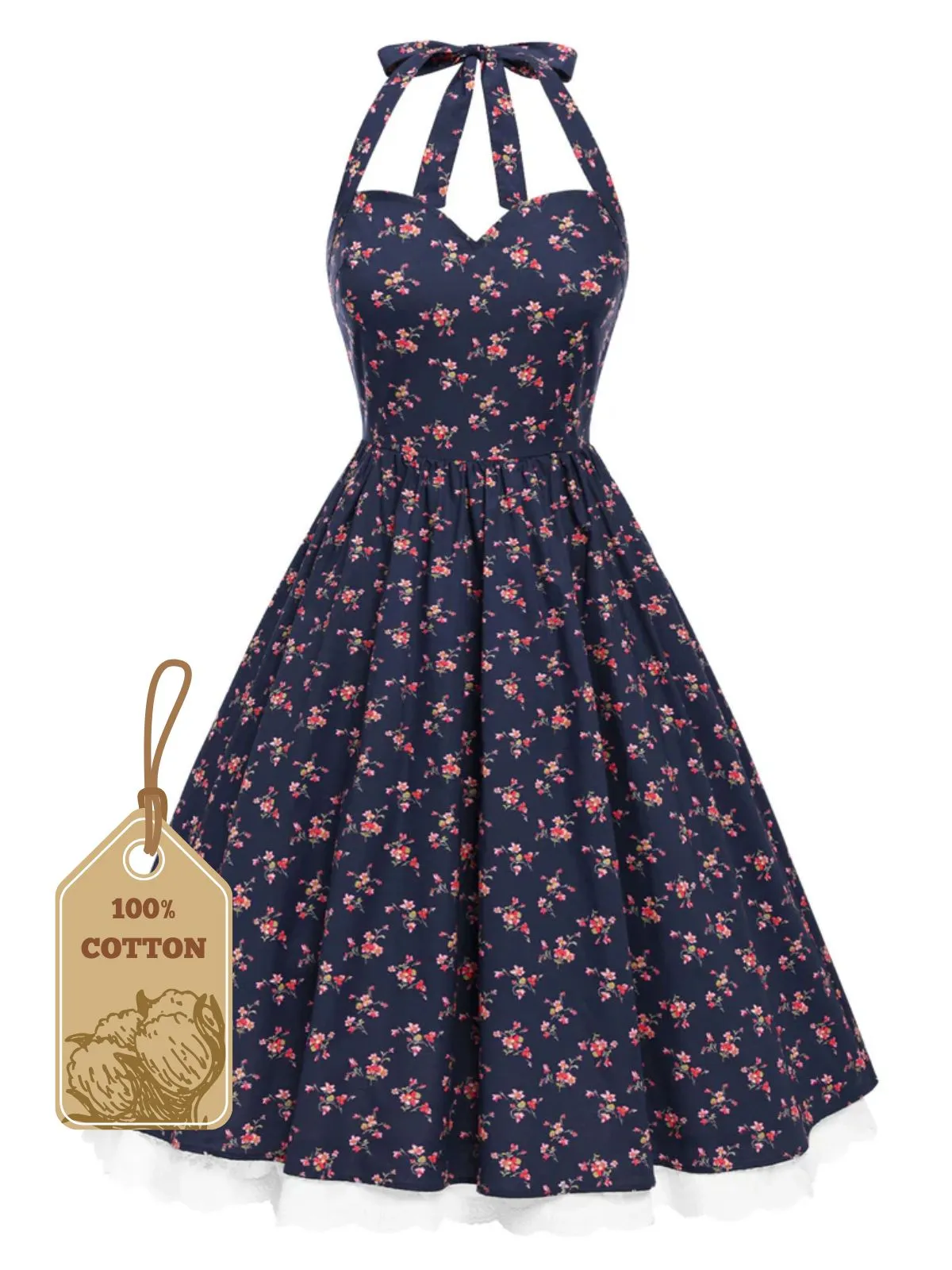 Blue 1950s Halter Lace Pure Cotton Floral Dress sold by Retro Stage product image thumbnail 2