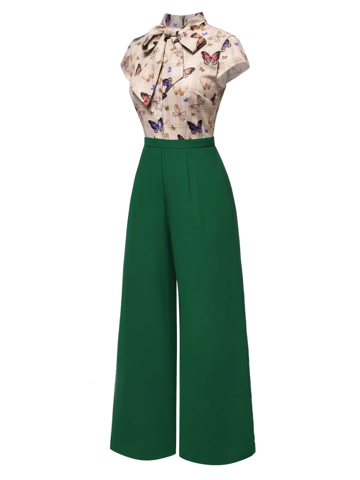 Green 1930s Tie Neck Plaids Butterflies Jumpsuit sold by Retro Stage product image thumbnail 4