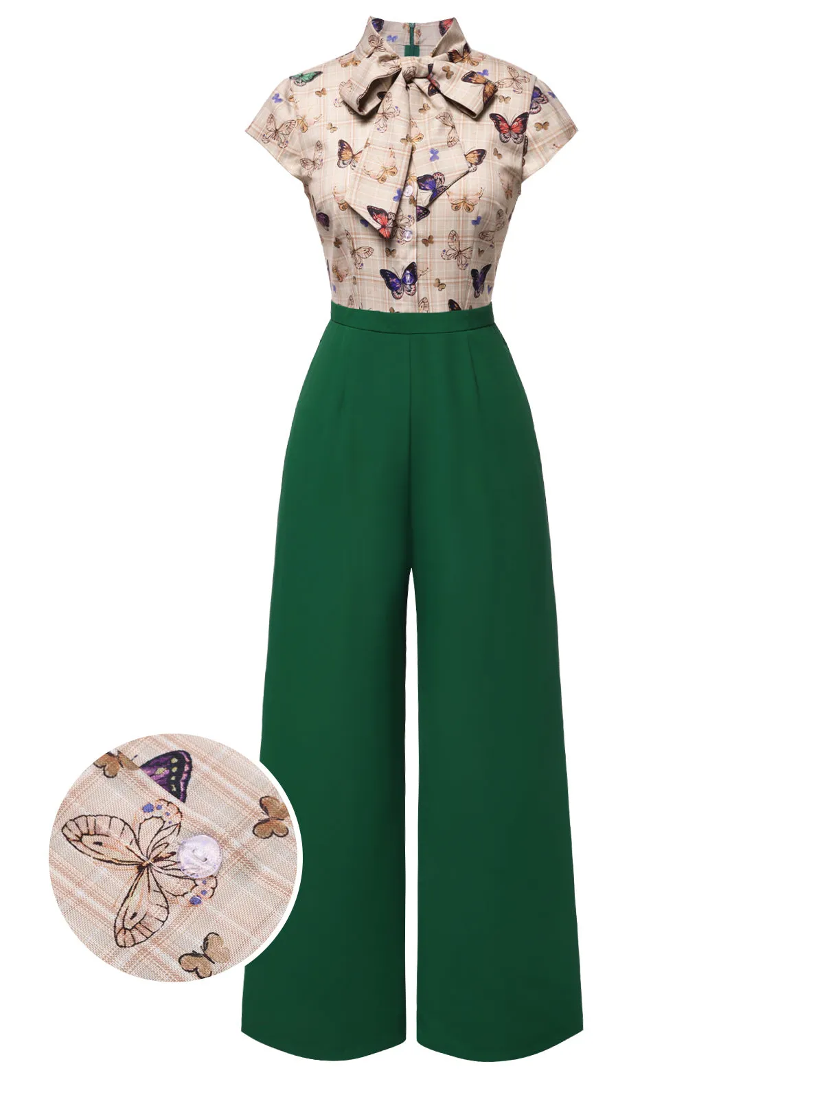 Green 1930s Tie Neck Plaids Butterflies Jumpsuit sold by Retro Stage product image thumbnail 2