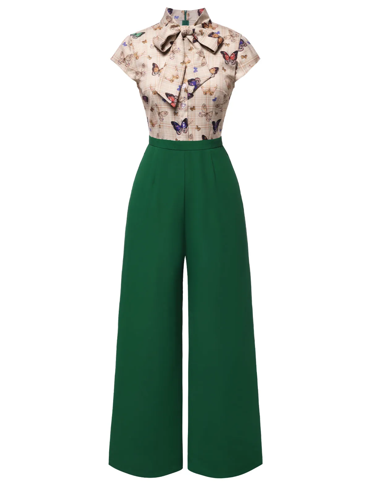 Green 1930s Tie Neck Plaids Butterflies Jumpsuit sold by Retro Stage product image thumbnail 3